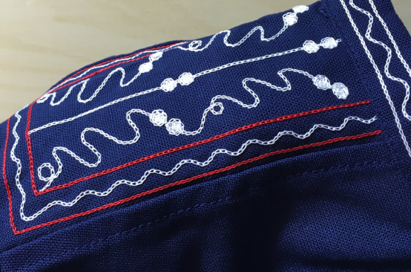 Bauernkittel Blauhemd Stachi Kurbelstickerei auf der Schulter